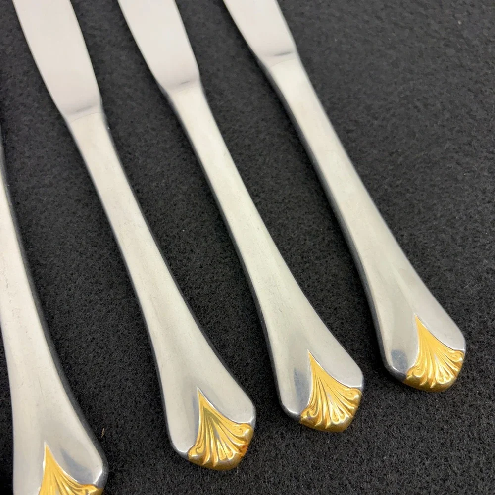 Set of 7 Yamazaki Cara‎ Gold Accent Stainless Table Knives Dining Flatware Japan